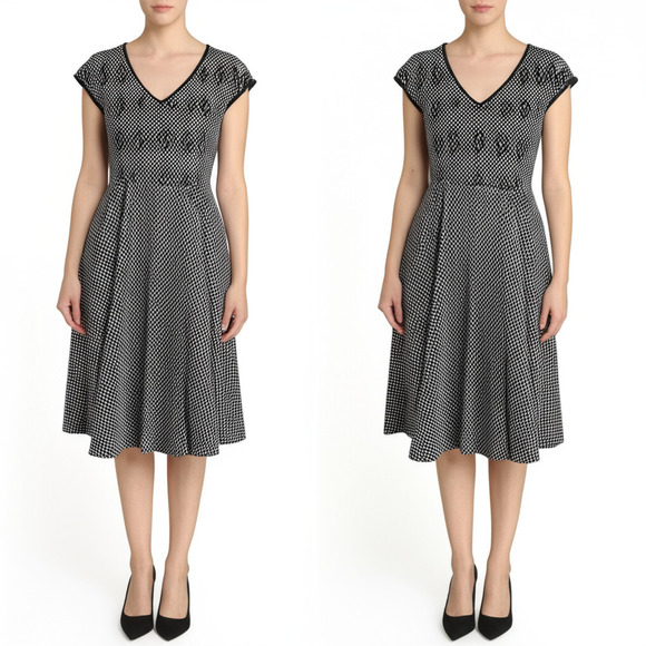 Taylor Dress Womens Size 6 Black White Geometric Fit Flare V Neck Sleeveless - Picture 6 of 6